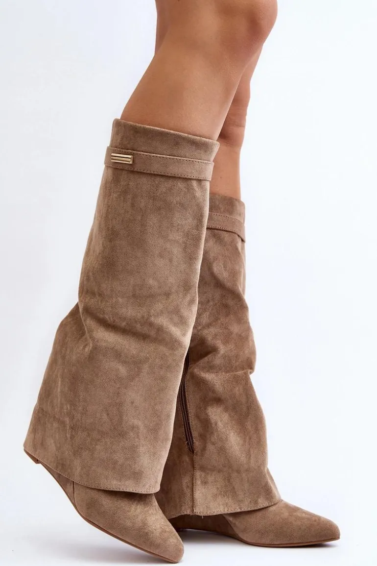 Kozaki Damskie Na Ukrytym Koturnie Beżowe Pattia