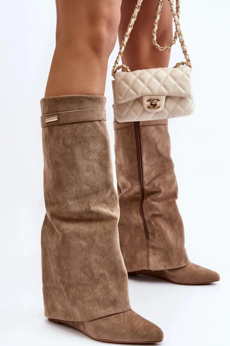 Kozaki Damskie Na Ukrytym Koturnie Beżowe Pattia