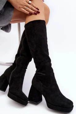 Kozaki Damskie Ocieplane Na Masywnym Obcasie Czarne Layala