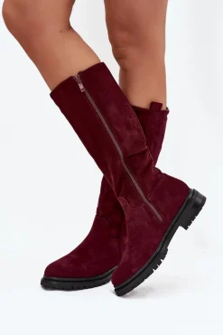 Kozaki Damskie Ocieplane Na płaskim Obcasie Eko Zamszowe Bordowe Delyssa