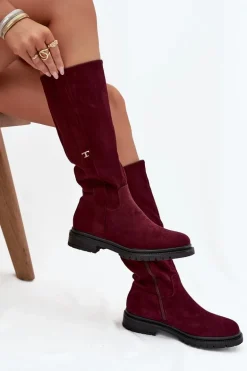 Kozaki Damskie Ocieplane Na płaskim Obcasie Eko Zamszowe Bordowe Delyssa