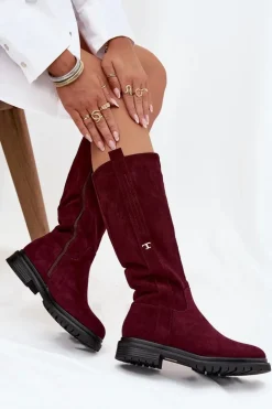 Kozaki Damskie Ocieplane Na płaskim Obcasie Eko Zamszowe Bordowe Delyssa