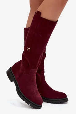 Kozaki Damskie Ocieplane Na płaskim Obcasie Eko Zamszowe Bordowe Delyssa