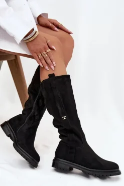 Kozaki Damskie Ocieplane Na płaskim Obcasie Eko Zamszowe Czarne Delyssa