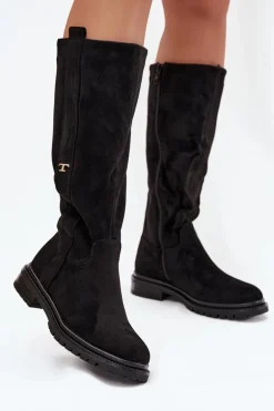 Kozaki Damskie Ocieplane Na płaskim Obcasie Eko Zamszowe Czarne Delyssa