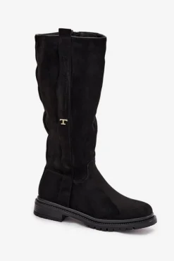 Kozaki Damskie Ocieplane Na płaskim Obcasie Eko Zamszowe Czarne Delyssa