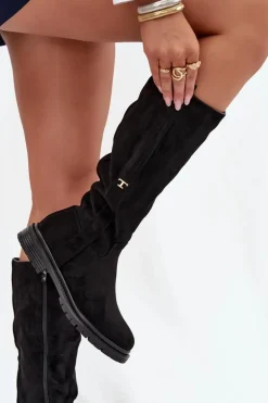 Kozaki Damskie Ocieplane Na płaskim Obcasie Eko Zamszowe Czarne Delyssa