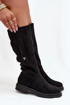 Kozaki Damskie Ocieplane Na płaskim Obcasie Eko Zamszowe Czarne Delyssa