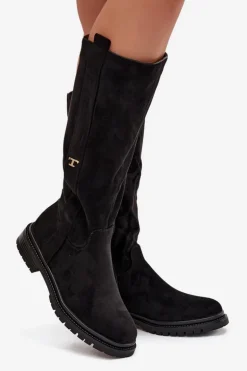 Kozaki Damskie Ocieplane Na płaskim Obcasie Eko Zamszowe Czarne Delyssa