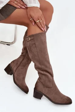 Kozaki Damskie Ocieplane Na Obcasie Ze Złotą Klamrą Vinceza 58589 Ciemnobeżowe