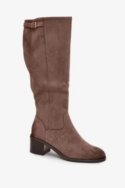 Kozaki Damskie Ocieplane Na Obcasie Ze Złotą Klamrą Vinceza 58589 Ciemnobeżowe