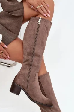 Kozaki Damskie Ocieplane Na Obcasie Ze Złotą Klamrą Vinceza 58589 Ciemnobeżowe