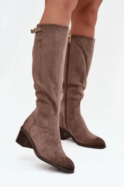 Kozaki Damskie Ocieplane Na Obcasie Ze Złotą Klamrą Vinceza 58589 Ciemnobeżowe