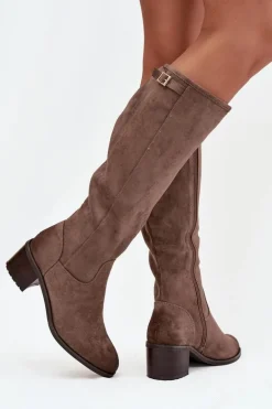 Kozaki Damskie Ocieplane Na Obcasie Ze Złotą Klamrą Vinceza 58589 Ciemnobeżowe