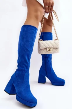 Kozaki Damskie Ocieplane Na Masywnym Obcasie Niebieski Layala