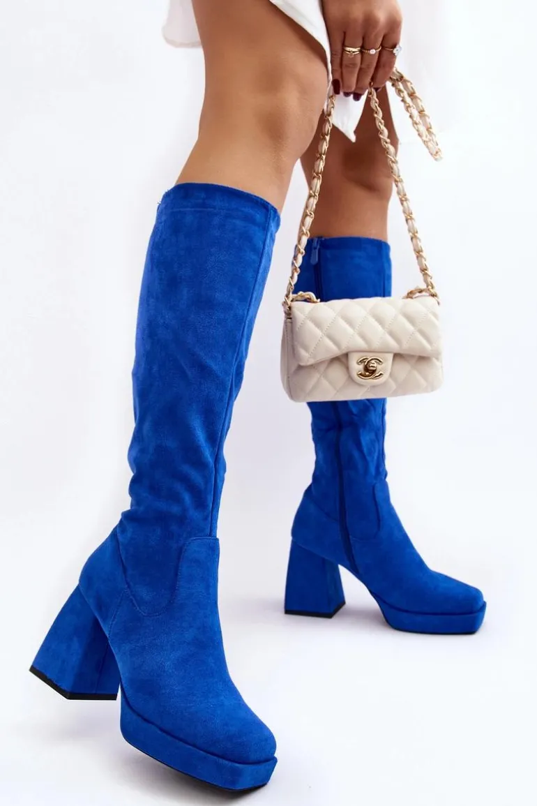 Kozaki Damskie Ocieplane Na Masywnym Obcasie Niebieski Layala