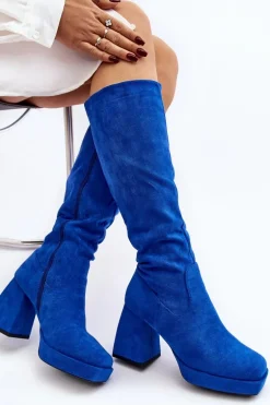 Kozaki Damskie Ocieplane Na Masywnym Obcasie Niebieski Layala