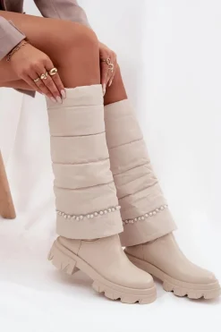 Kozaki Damskie Ocieplane Z Koralikami Jasnobeżowe Irvette