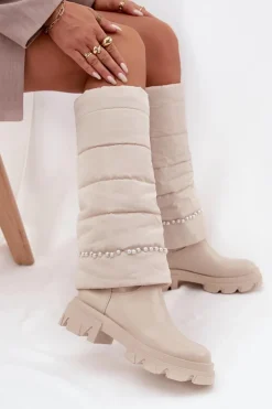 Kozaki Damskie Ocieplane Z Koralikami Jasnobeżowe Irvette