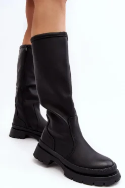 Kozaki Damskie Ocieplane Na Płaskim Obcasie Czarne Desiren