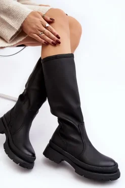 Kozaki Damskie Ocieplane Na Płaskim Obcasie Czarne Desiren