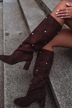 Kozaki Damskie Ocieplane Na Słupku Z Ozdobnymi Detalami Czekoladowe Lucinda