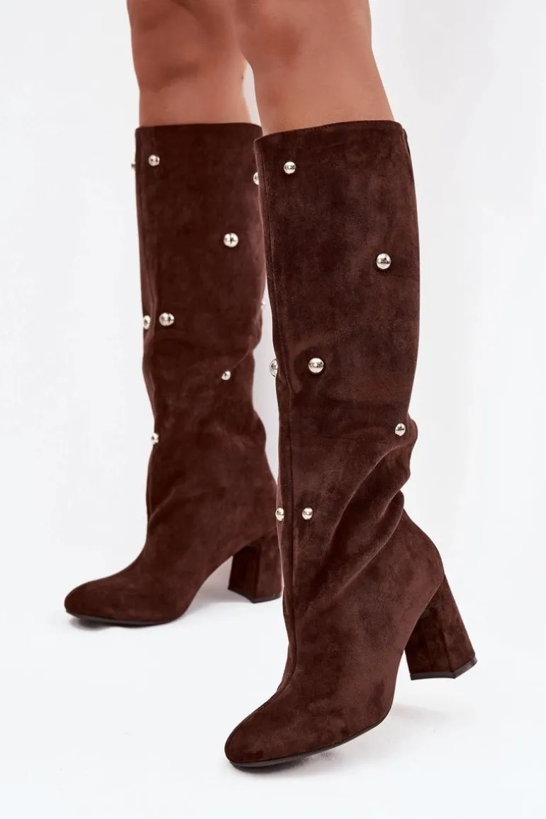 Kozaki Damskie Ocieplane Na Słupku Z Ozdobnymi Detalami Czekoladowe Lucinda