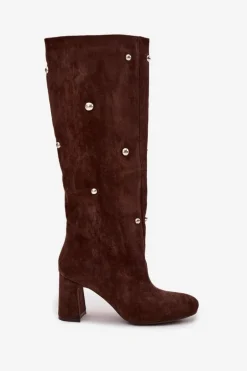 Kozaki Damskie Ocieplane Na Słupku Z Ozdobnymi Detalami Czekoladowe Lucinda