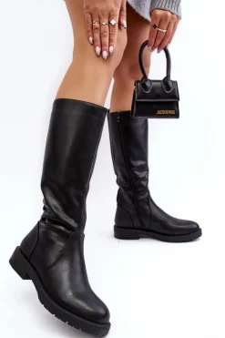 Kozaki Damskie Ocieplane Na Płaskim Obcasie Czarne Evelio