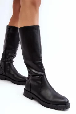 Kozaki Damskie Ocieplane Na Płaskim Obcasie Czarne Evelio