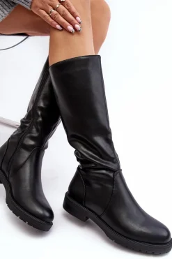 Kozaki Damskie Ocieplane Na Płaskim Obcasie Czarne Evelio