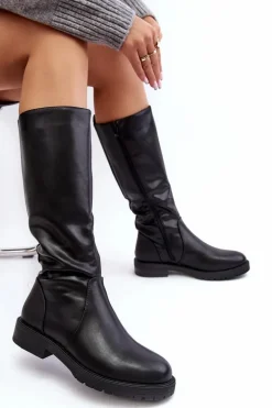 Kozaki Damskie Ocieplane Na Płaskim Obcasie Czarne Evelio