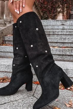 Kozaki Damskie Ocieplane Na Słupku Z Ozdobnymi Detalami Czarne Lucinda