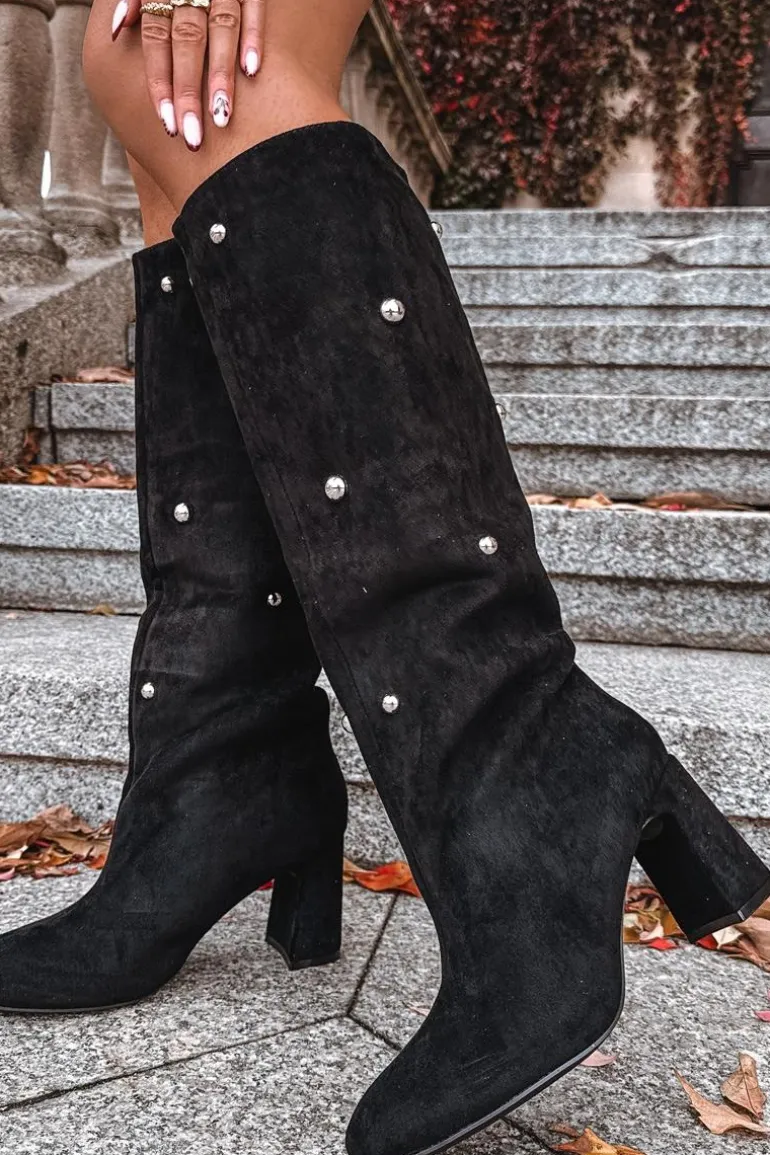 Kozaki Damskie Ocieplane Na Słupku Z Ozdobnymi Detalami Czarne Lucinda