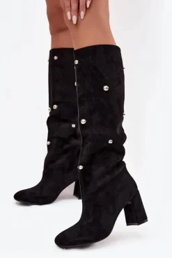 Kozaki Damskie Ocieplane Na Słupku Z Ozdobnymi Detalami Czarne Lucinda