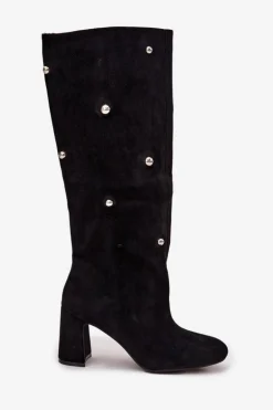 Kozaki Damskie Ocieplane Na Słupku Z Ozdobnymi Detalami Czarne Lucinda