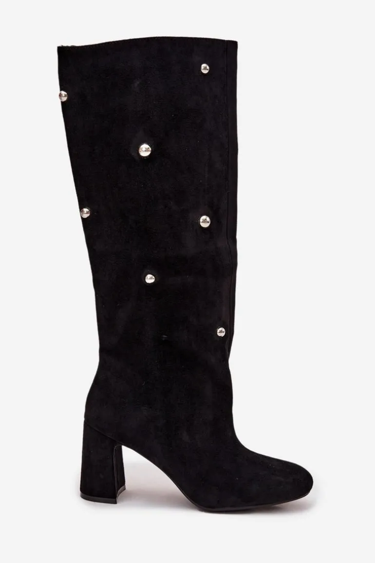 Kozaki Damskie Ocieplane Na Słupku Z Ozdobnymi Detalami Czarne Lucinda