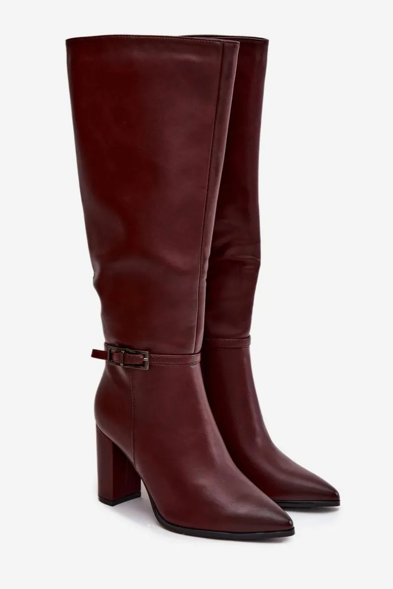 Kozaki Damskie Ocieplane Na Słupku Z Klamrą Bordowe Fionelle