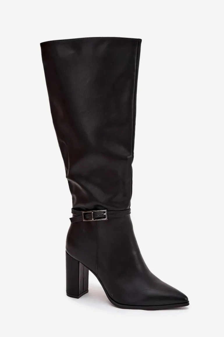 Kozaki Damskie Ocieplane Na Słupku Z Klamrą Czarne Fionelle