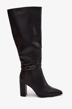 Kozaki Damskie Ocieplane Na Słupku Z Klamrą Czarne Fionelle