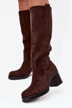 Kozaki Damskie Ocieplane Na Masywnym Słupku Czekoladowe Sanelle