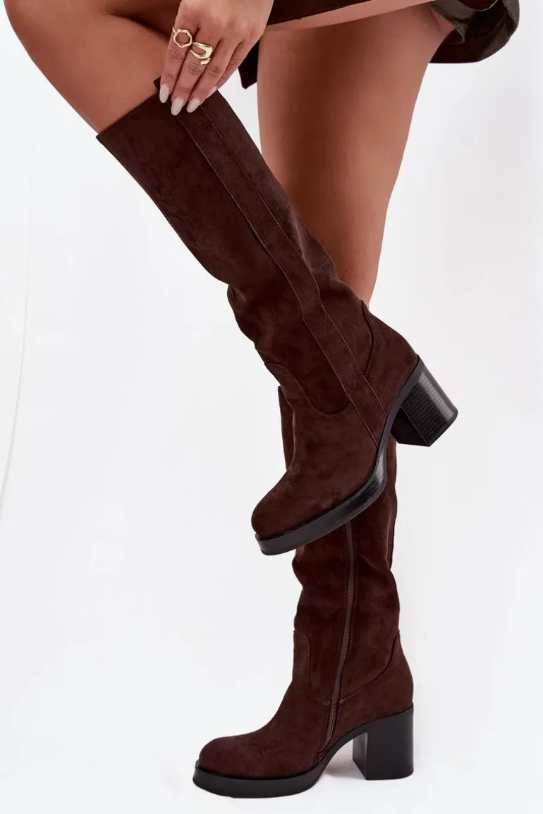 Kozaki Damskie Ocieplane Na Masywnym Słupku Czekoladowe Sanelle