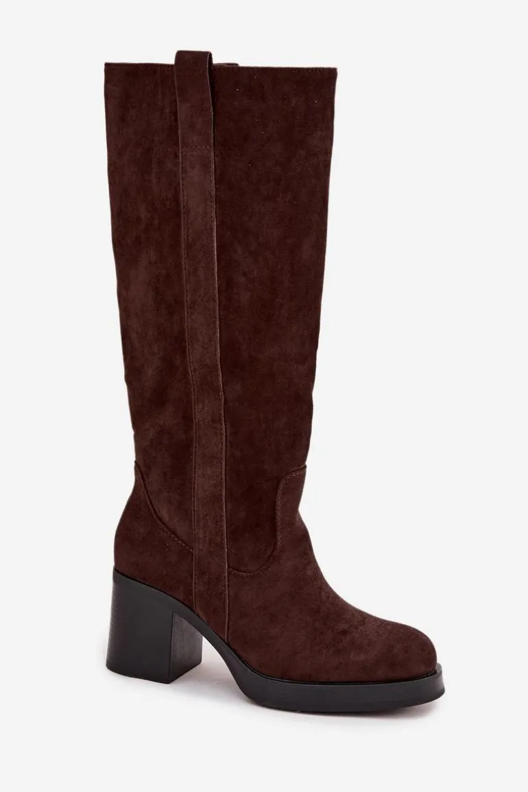 Kozaki Damskie Ocieplane Na Masywnym Słupku Czekoladowe Sanelle