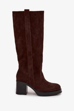 Kozaki Damskie Ocieplane Na Masywnym Słupku Czekoladowe Sanelle