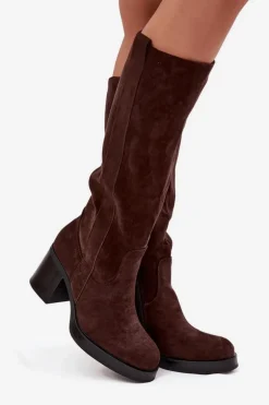 Kozaki Damskie Ocieplane Na Masywnym Słupku Czekoladowe Sanelle