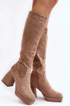 Kozaki Damskie Ocieplane Na Masywnym Obcasie Beżowe Layala