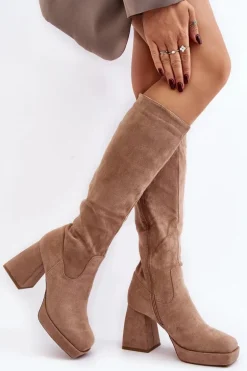 Kozaki Damskie Ocieplane Na Masywnym Obcasie Beżowe Layala