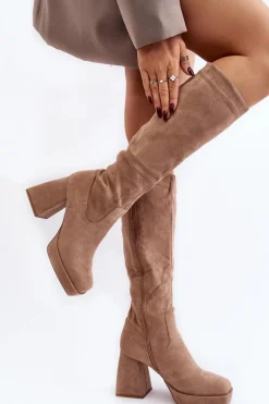 Kozaki Damskie Ocieplane Na Masywnym Obcasie Beżowe Layala