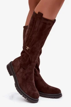 Kozaki Damskie Ocieplane Na płaskim Obcasie Eko Zamszowe Czekoladowe Delyssa