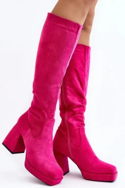 Kozaki Damskie Ocieplane Na Masywnym Obcasie Fuksja Layala